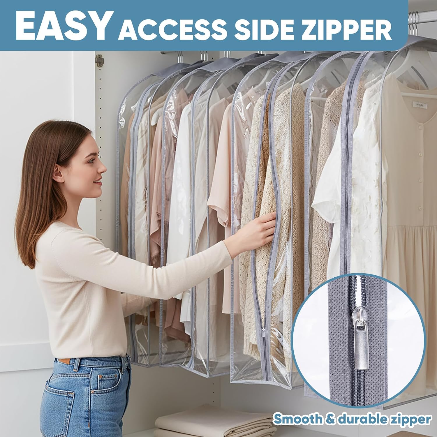 BALEINE 3PK Clear Garment Bags for Hanging Clothes, 48" Dress Suit Bag