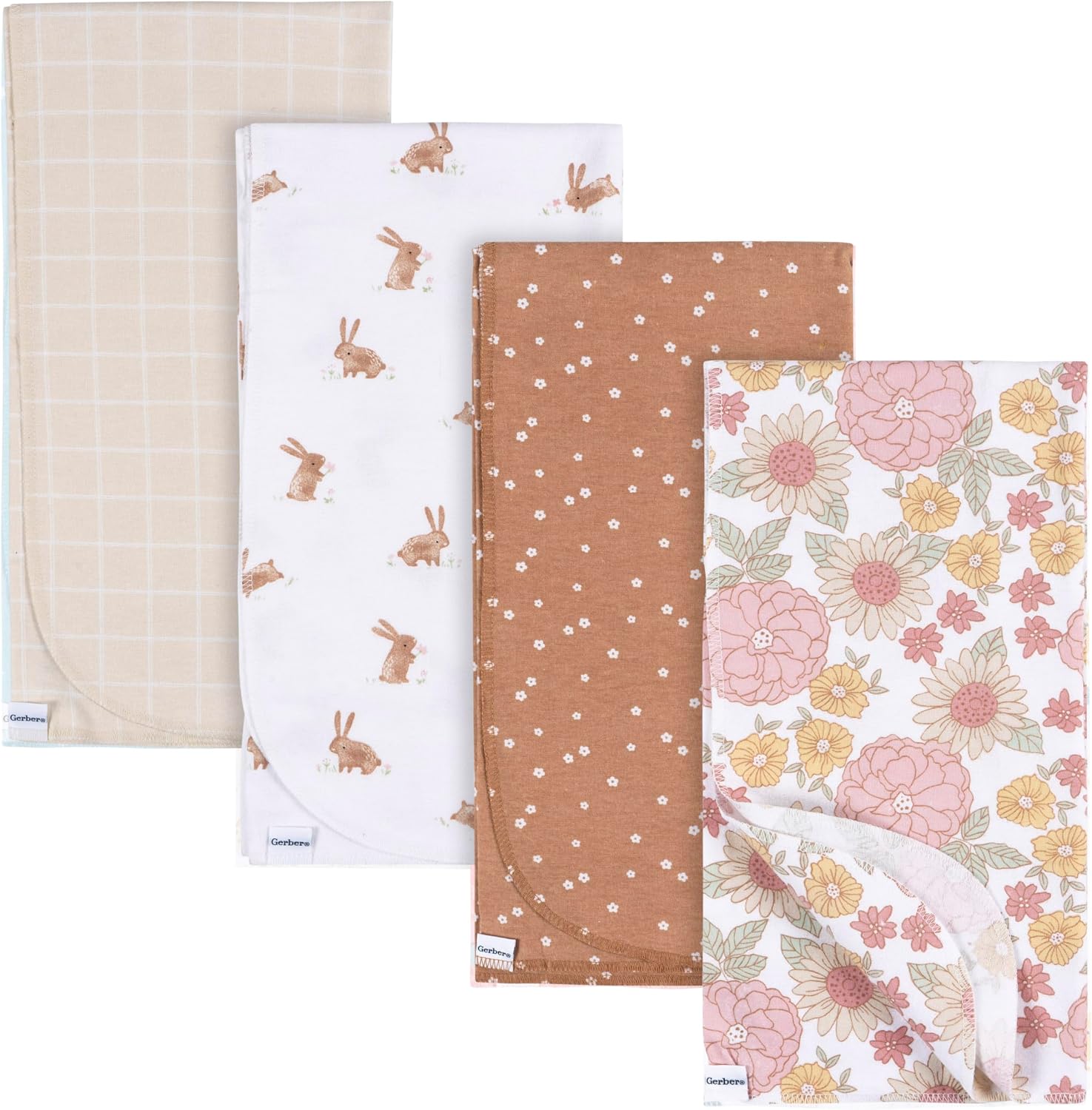 Gerber Unisex Baby 100% Cotton Flannel Receiving Blankets 30x30 Inches (Pack of 4), Retro Floral, One Size