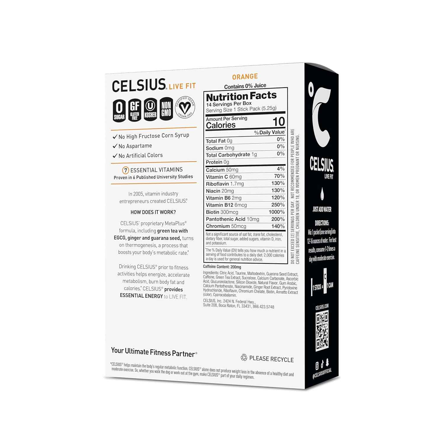 CELSIUS On The Go Orange, Sugar Free Energy Drink Mix (14 Sticks per Pack)