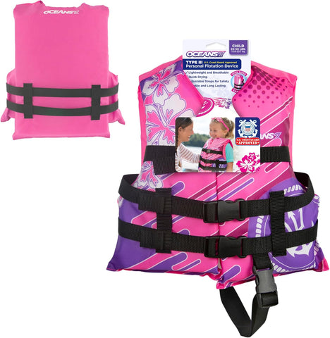 Aqua Oceans 7 Life Jacket for Kids - US Coast Guard Approved Life Vest for Infant, Child & Youth Boys and Girls, Open-Side PFD for Boating, Swimming & Water Sports