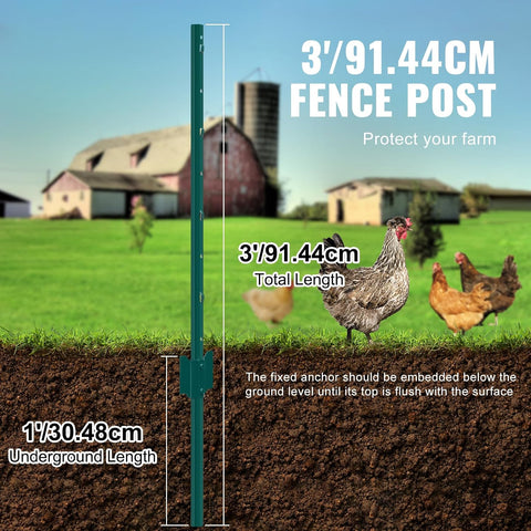 VEVOR 3 Feet Fence Post, 10 Pack U-Channel Heavy Duty Metal Fence Posts with 20 Zip Ties & 20 Clips, Sturdy Steel Fence Stakes for Garden Yard, Lawn, Farms and Outdoor Wire Fencing, Green