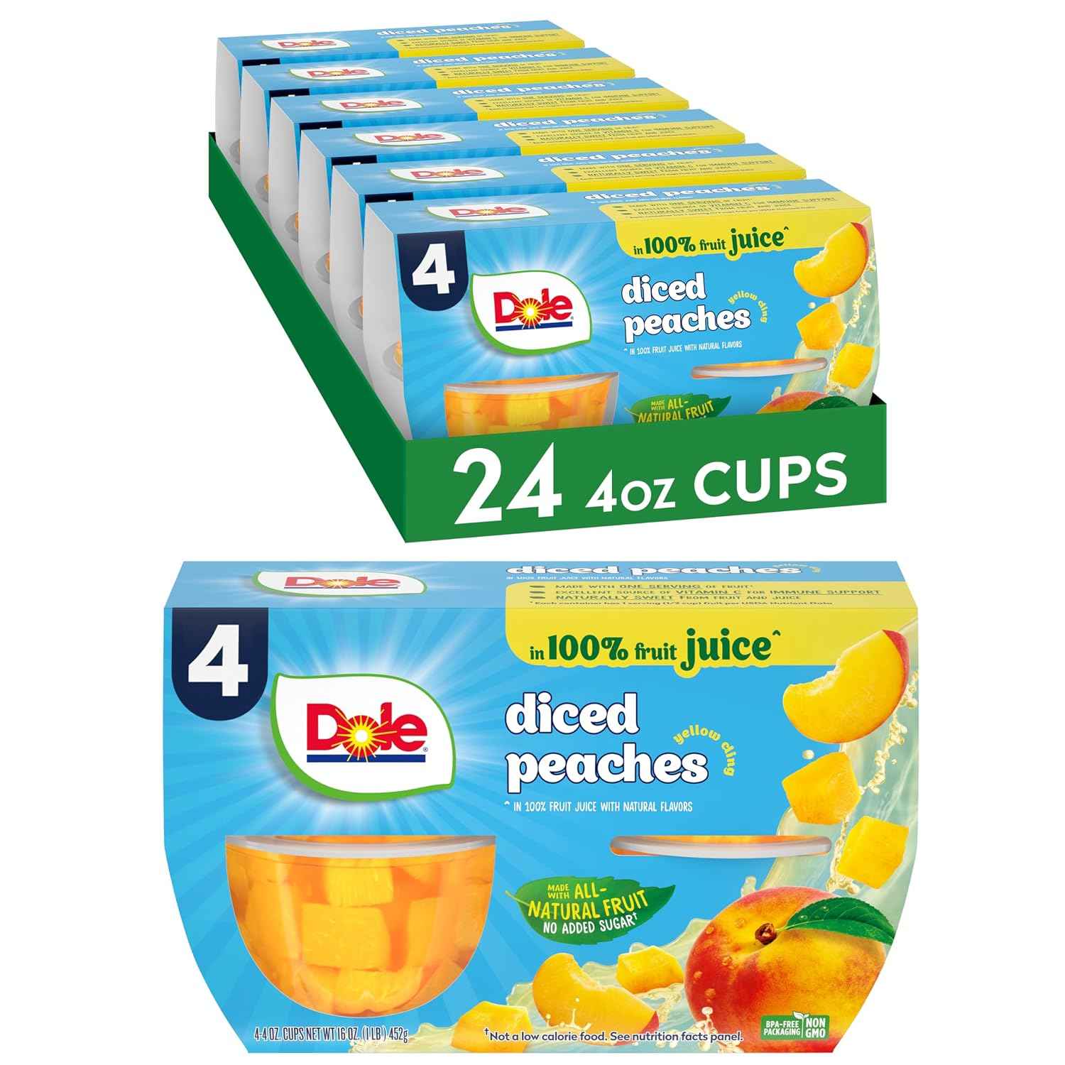 Dole Fruit Bowls Diced Peaches in 100% Juice Snacks, 4oz 36 Total Cups, Gluten & Dairy Free, Bulk Lunch Snacks for Kids & Adults | In 100% Juice Snacks, Gluten & Dairy Free, Bulk Lunch Snacks for Kids & Adults