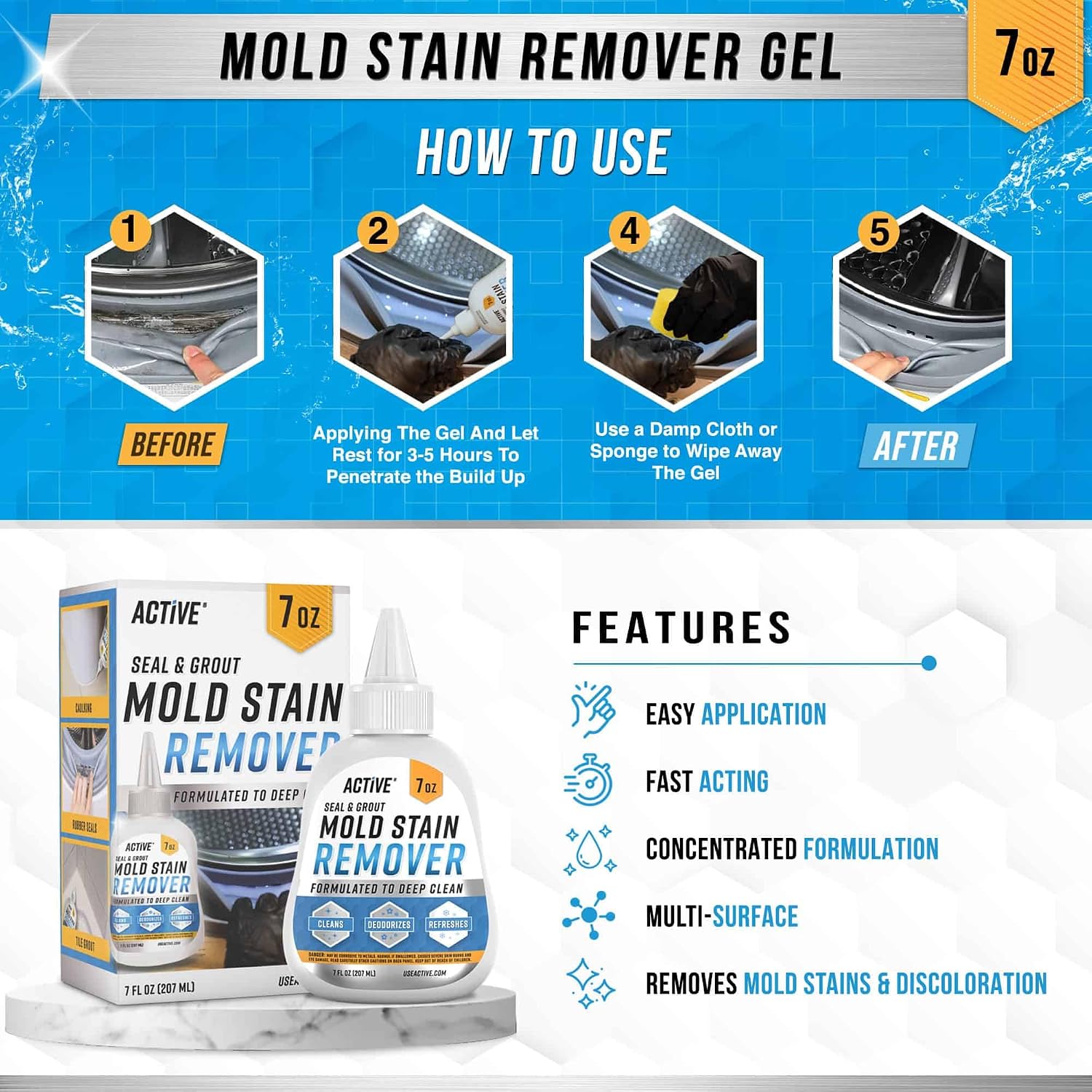 ACTIVE Mold Stain Remover Gel Cleaner Heavy Duty Stain Cleaner for Front Loader Washing Machine Seal, Bathroom Grout, Shower, Caulk - Front Load Washer Cleaning Solution - 7 Fl Oz