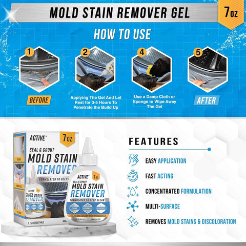 ACTIVE Mold Stain Remover Gel Cleaner Heavy Duty Stain Cleaner for Front Loader Washing Machine Seal, Bathroom Grout, Shower, Caulk - Front Load Washer Cleaning Solution - 7 Fl Oz