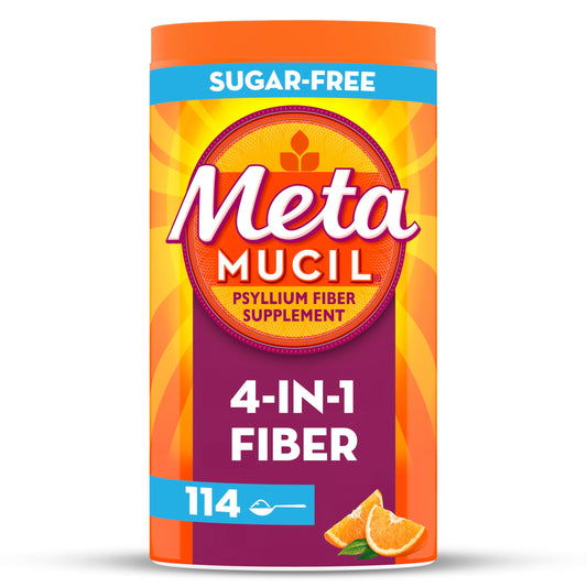 Metamucil, Daily Psyllium Husk Powder Supplement, Sugar-Free Powder, 4-in-1 Fiber for Digestive Health, Orange Flavored Drink, 114 teaspoons, 1.4 Pound (Pack of 1)