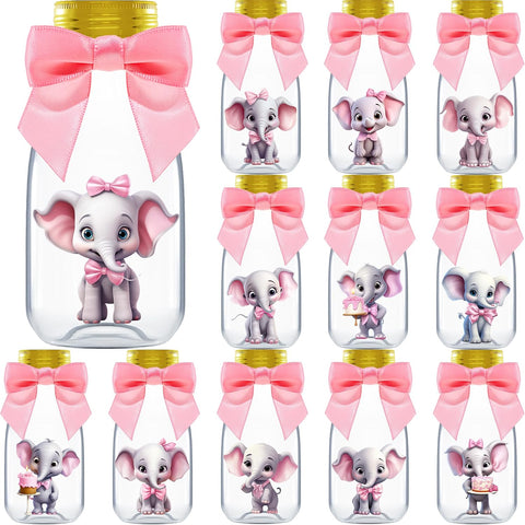 Ethisa Small 12 Pack Pink Elephant Party Favors - Candy Jars with Ribbons and Stickers - DIY Party Decoration Bottles for Baby Shower, Birthday, Gender Reveal, and Classroom - Girl Table Centerpiece