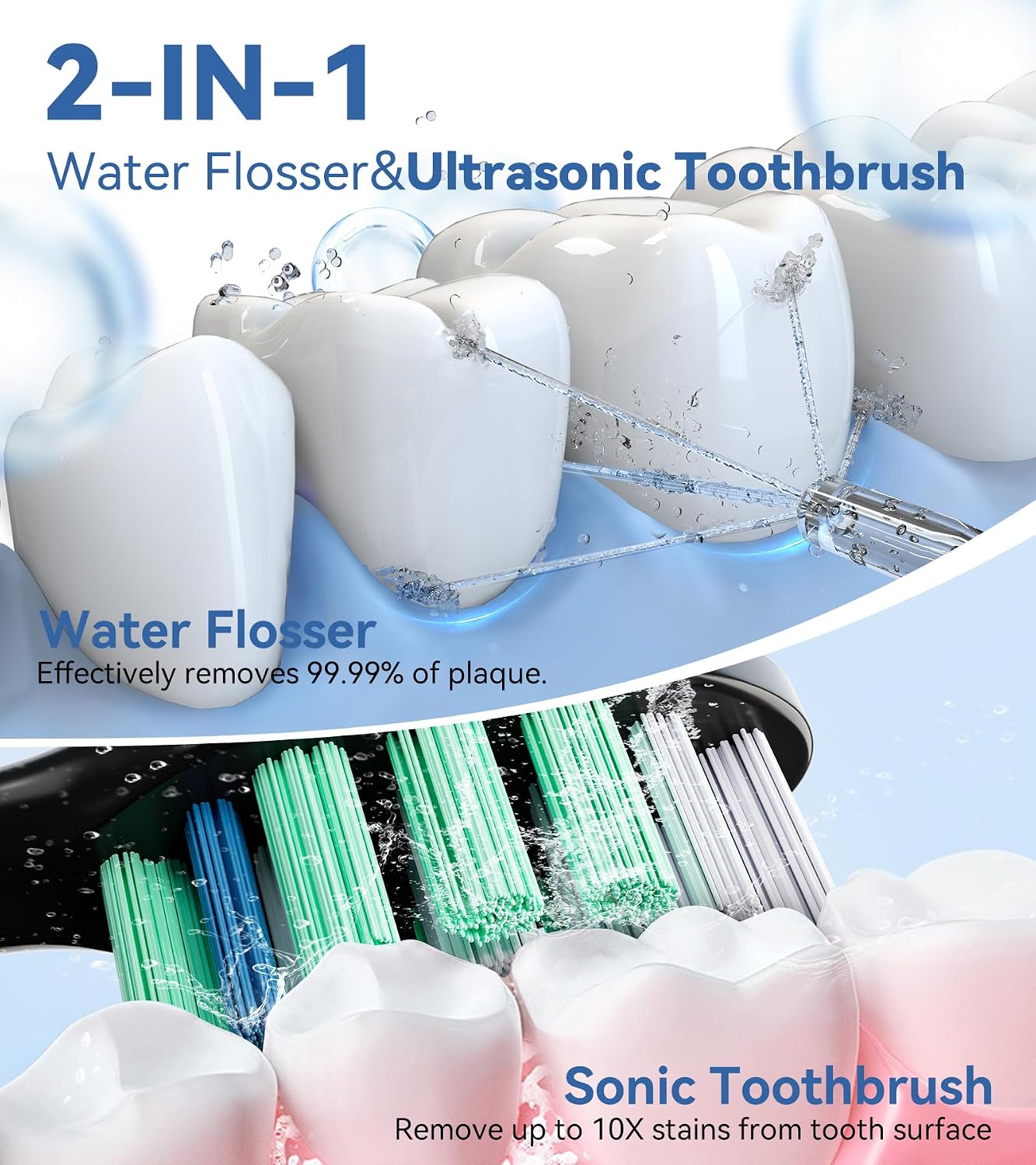 Water Flosser & Ultrasonic Electric Toothbrush Combo, 600ML Water Dental Flosser with 7 Jet Tips, 10 Adjustable Water Pressure, 5 Toothbrush Heads for Home Use, Gums, Braces