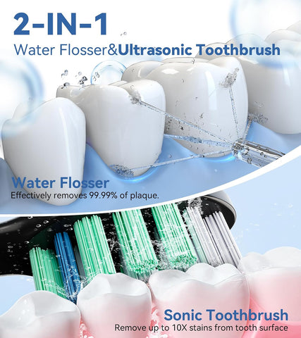 Water Flosser & Ultrasonic Electric Toothbrush Combo, 600ML Water Dental Flosser with 7 Jet Tips, 10 Adjustable Water Pressure, 5 Toothbrush Heads for Home Use, Gums, Braces
