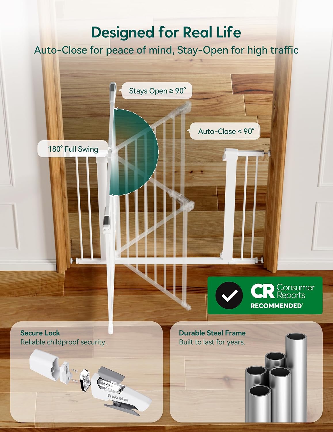 Babelio 26-40" Pressure Mounted Baby Gate for Stairs, PressGuard Dog Gate