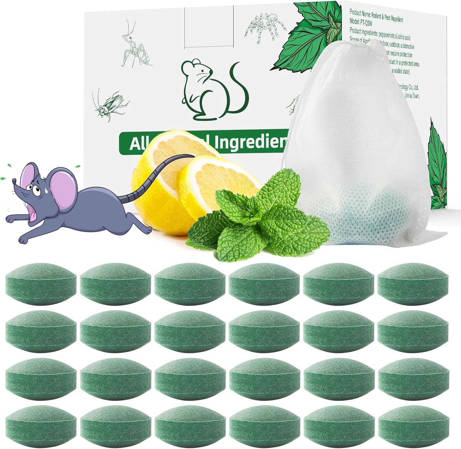 Pest Rodent Repellent, 24 Pack Peppermint Oil Repellent for Mouse Rats Spider Roach Ant Squirrel Pest Control Indoor & Outdoor, Natural Mice Deterrent Replace Trap Poisoning Family & Pet Safe Green
