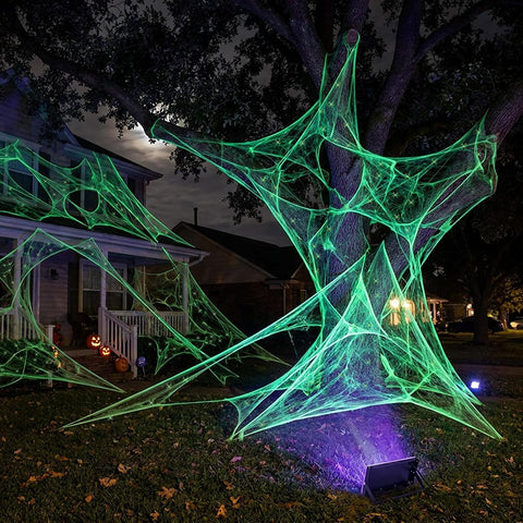 1100 Sqft Halloween Glow Green Stretch Cobwebs with Glow Spiders and Light