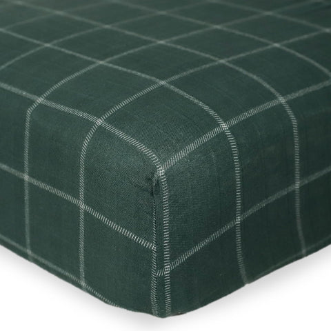 Little Unicorn Fitted Crib Sheet | 100% Cotton Muslin | Super Soft | Sized for Standard Baby Crib & Toddler Mattress | Machine Washable | 52” x 28” x 6” (Evergreen Plaid)