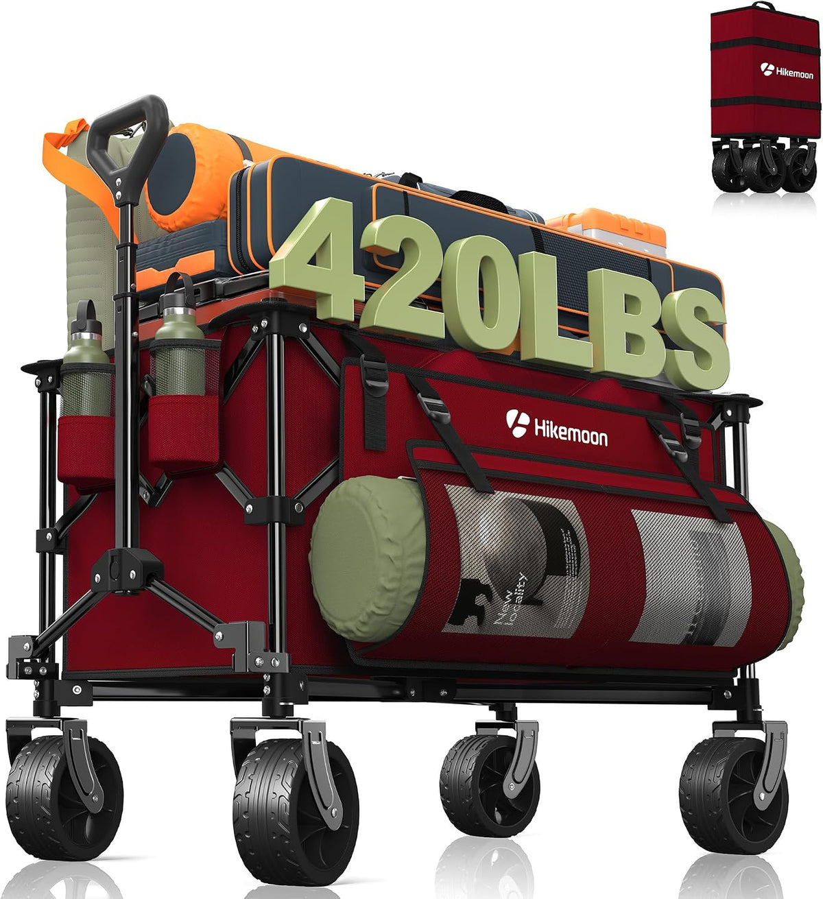 HIKEMOON 150L Collapsible Wagon Compact with Big Wheels, 420LBS Red