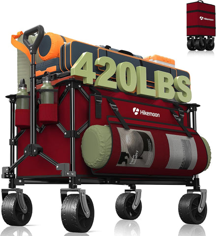 HIKEMOON 150L Collapsible Wagon Compact with Big Wheels, 420LBS Red