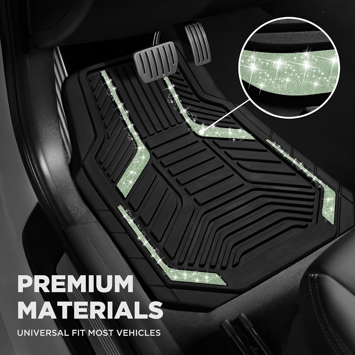 PIC AUTO Car Floor Mats, Green Sparkly Crystal Bling Glitter Car Mats Set, Front and Rear Heavy Duty Rubber Car Mats with Anti-Slip Backing, All Weather, Trim-to-Fit for Automotive SUVs, Sedan, Vans