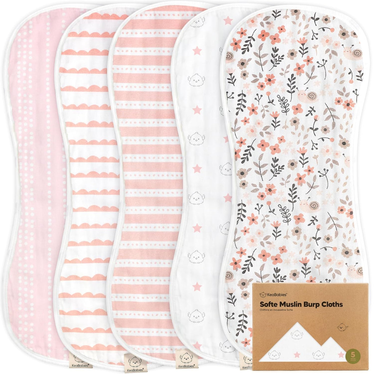 5-Pack Muslin Burp Cloths Baby Boy, Girl, Soft Absorbent Rags, Sweet Charm