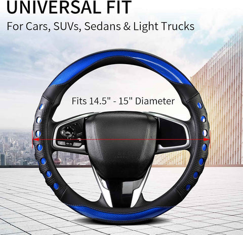 PU Leather Car Steering Wheel Cover with Anti-Slip Grip, for Women and Men, Universal Fit for 14.5-15 Inch Cars, Trucks, SUVs (Blue (Round), Medium(Standard) Size[14 1/2''-15''])