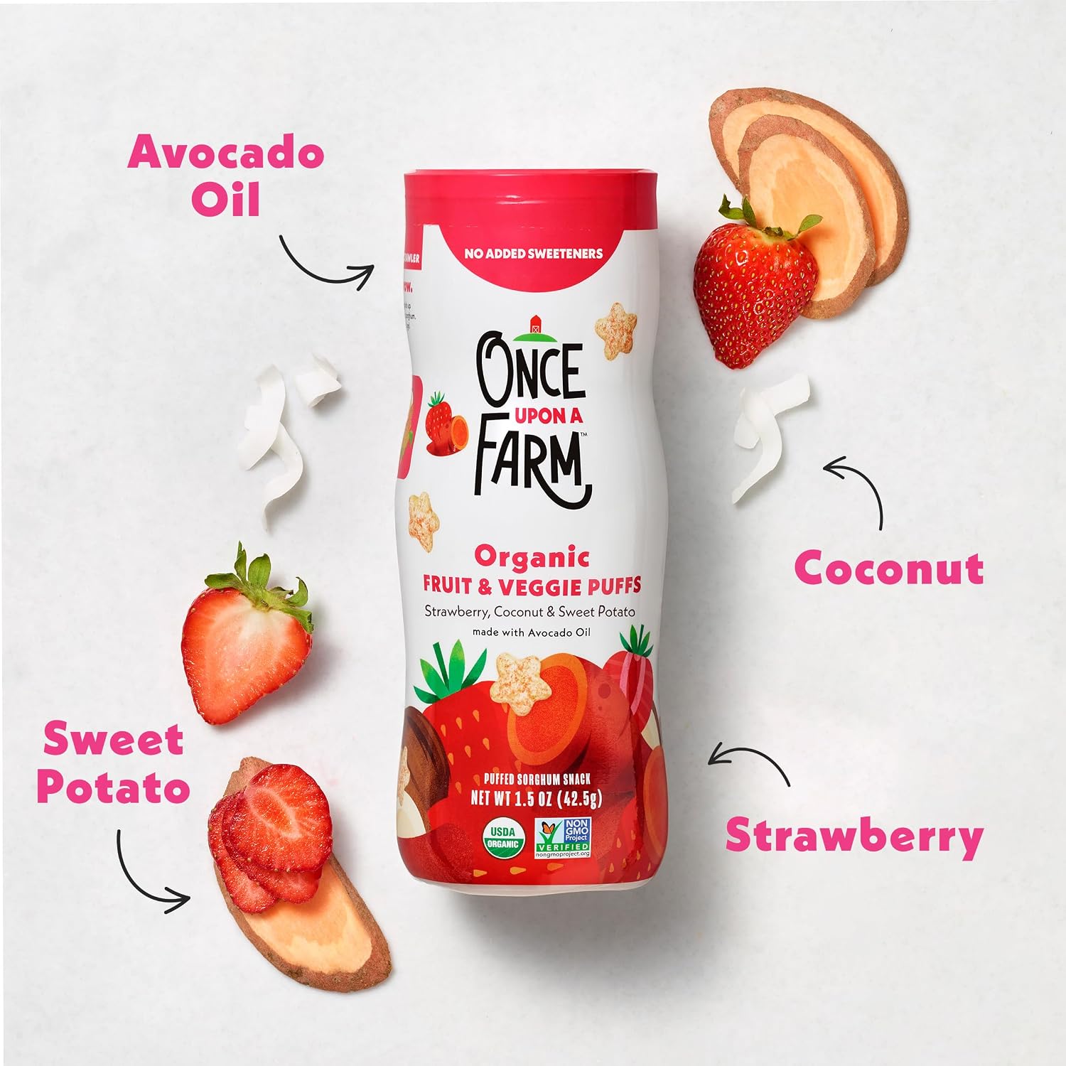 Once Upon a Farm Organic Baby Fruit & Veggie Puffs Strawberry, Coconut & Sweet Potato, 1.5oz
