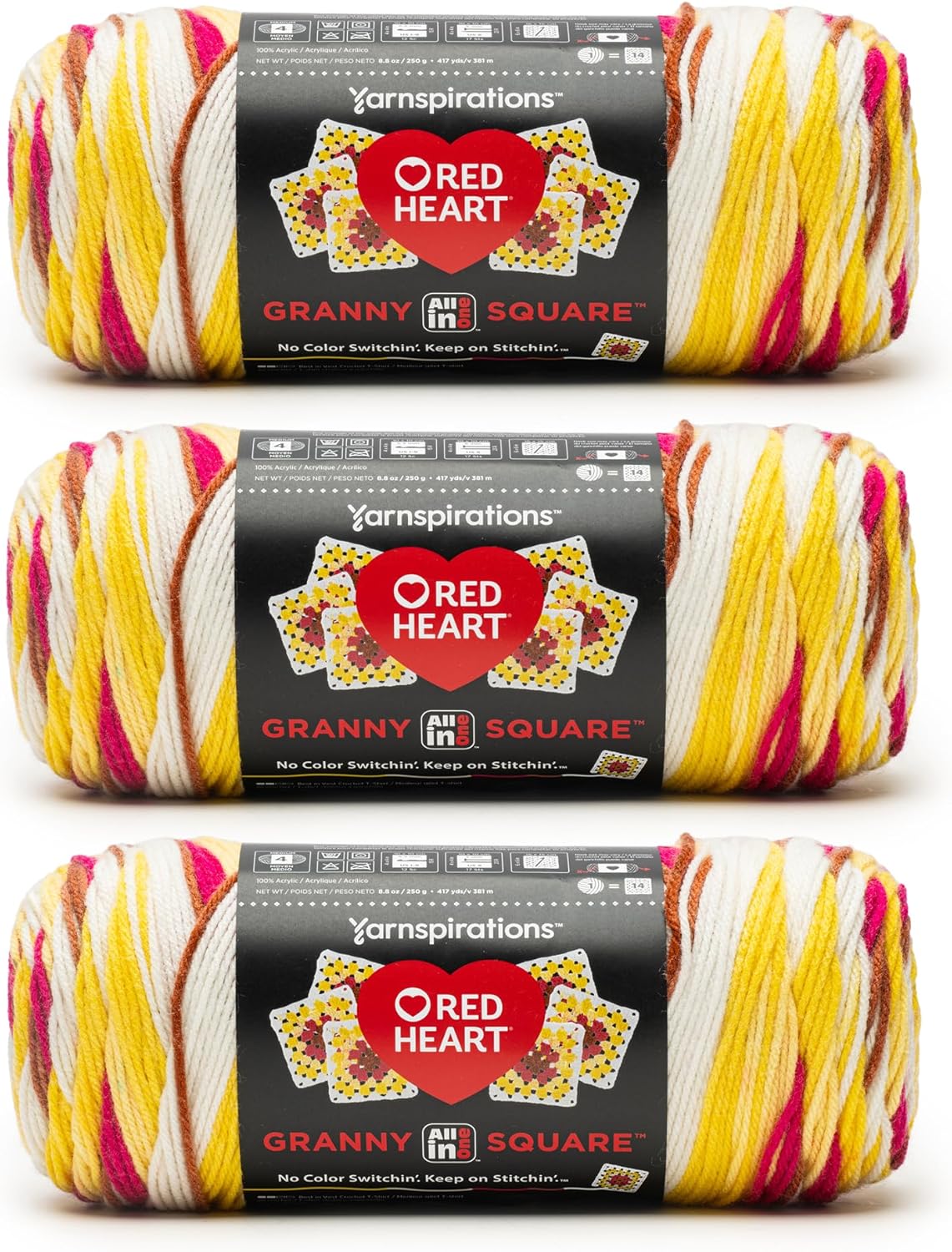 Red Heart Granny Square Crochet Yarn, Soft White-Buttercup Blush, 3-Pack