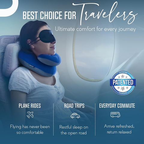 BCOZZY Travel Neck Pillow for Airplane - Patented Head, Neck & Chin Support. Soft, Adjustable Pillow for Comfortable Resting on Long Flights, Car Rides & Recliners. Washable, Carry Bag, Large, Black