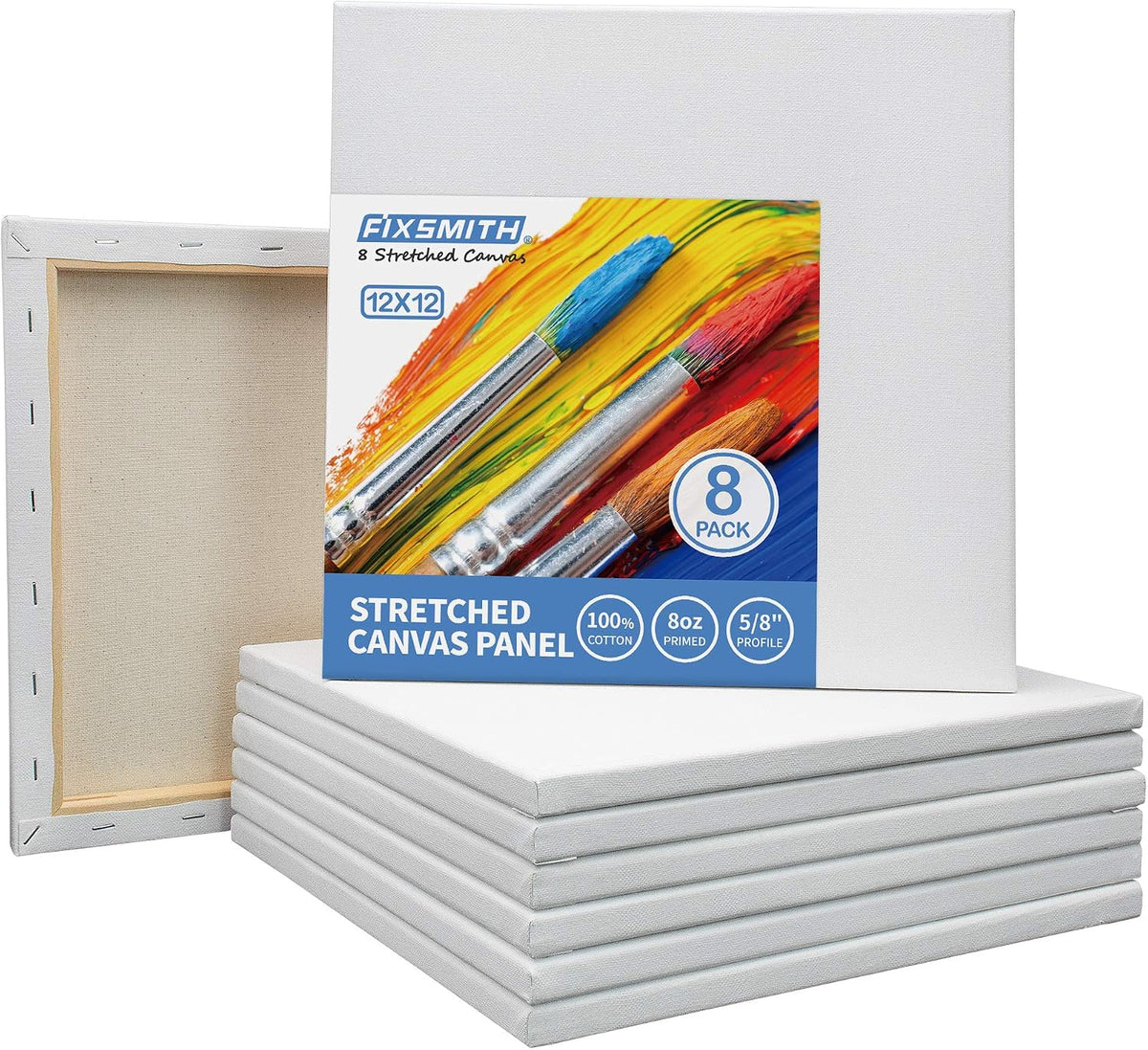 FIXSMITH Stretched White Blank Canvas- 12x12 Inch,Bulk Pack of 8,Primed,100% Cotton,5/8 Inch Profile of Super Value Pack for Acrylics,Oils & Other Painting Media