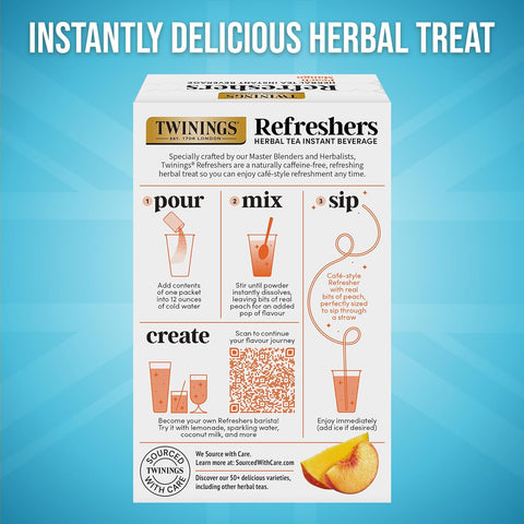 Twinings Peach Mango Refreshers, Herbal Tea Instant Beverage with Real Peach Fruit Bits, 5 Count (Pack of 6), Café Style, No Artificial Sweeteners, Naturally Caffeine-Free Refreshment, 30 Packets