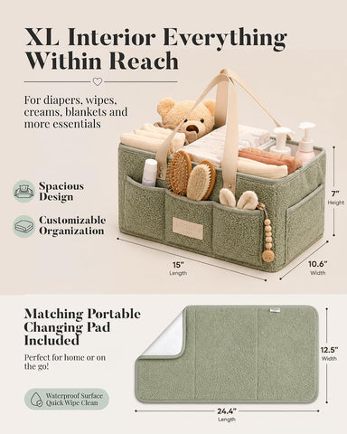 Baby Diaper Caddy Organizer with Portable Changing Mat - Teddy Fleece Diaper Organizer for Changing Table - Basket for Changing Essentials - Baby Essentials Organizer with Removable Dividers