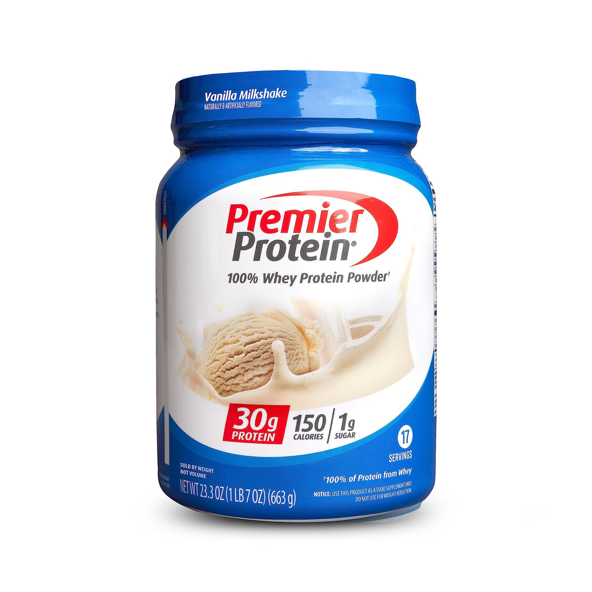 Premier Protein Powder, Vanilla Milkshake, 30g Protein, 1g Sugar, 100% Whey Protein, Keto Friendly, No Soy Ingredients, Gluten Free, 17 Servings, 23.3 Ounces