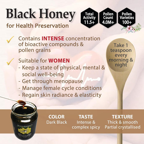 Tualang Black Honey 10oz (TA 11.5+, Pollen Count 4.0M+, Pollen Variety 100+) Intense Choice for Women Preservation, Wild-ripening on 250ft Treetop, Raw, Unpasteurised, Unfiltered