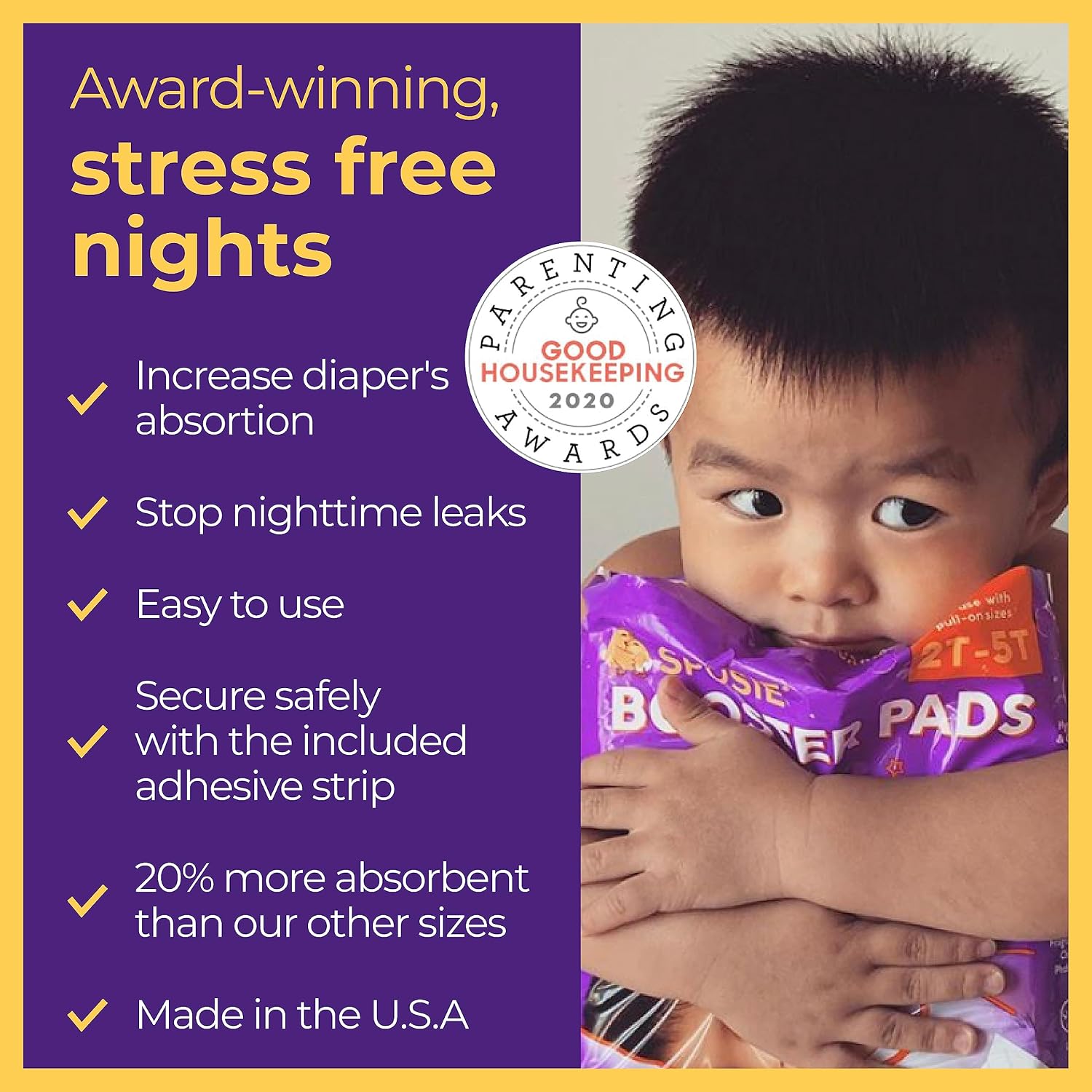 Sposie Overnight Diaper Booster Pads with Adhesive, Size 2T-5T, 84 Ct