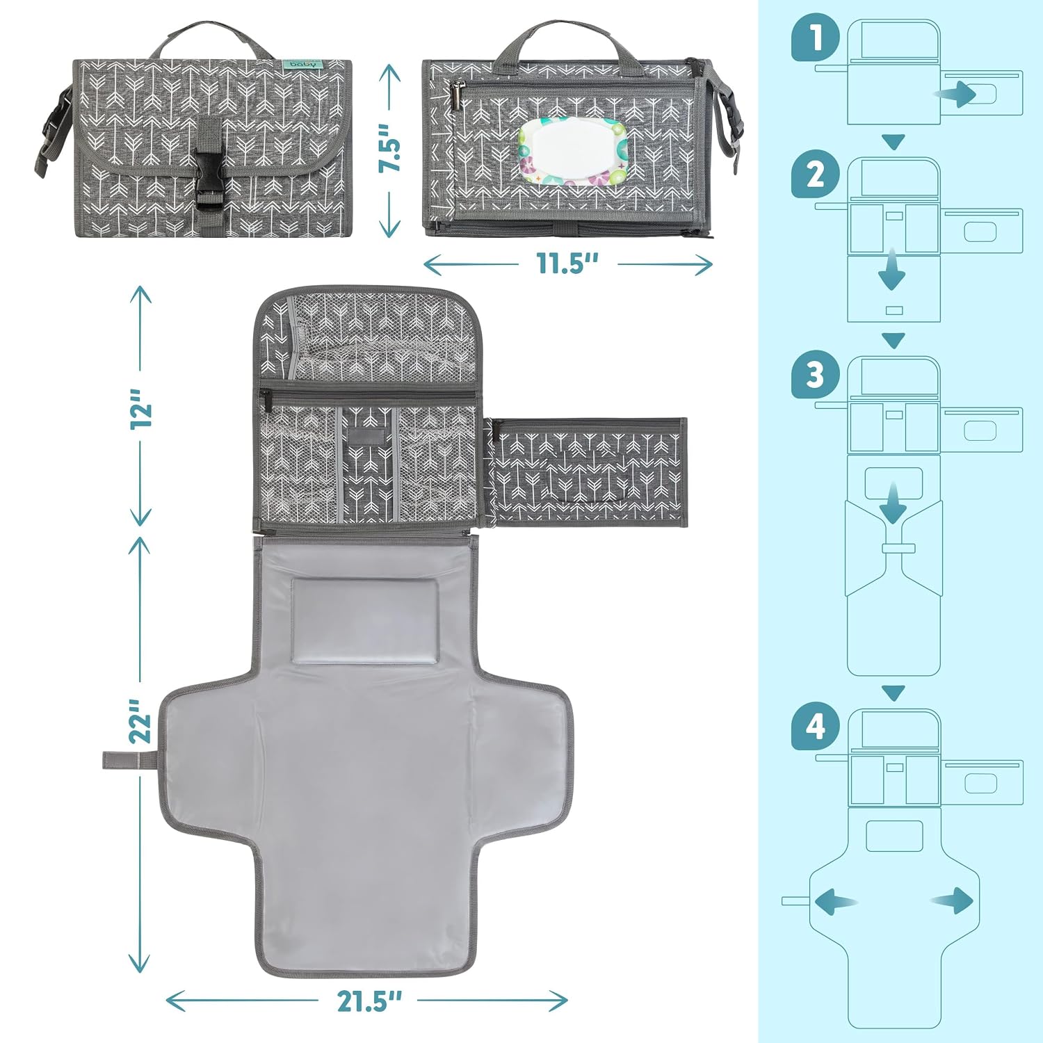 Kopi Baby Portable Diaper Changing Pad, Wipes Pocket, Premium Grey Arrows
