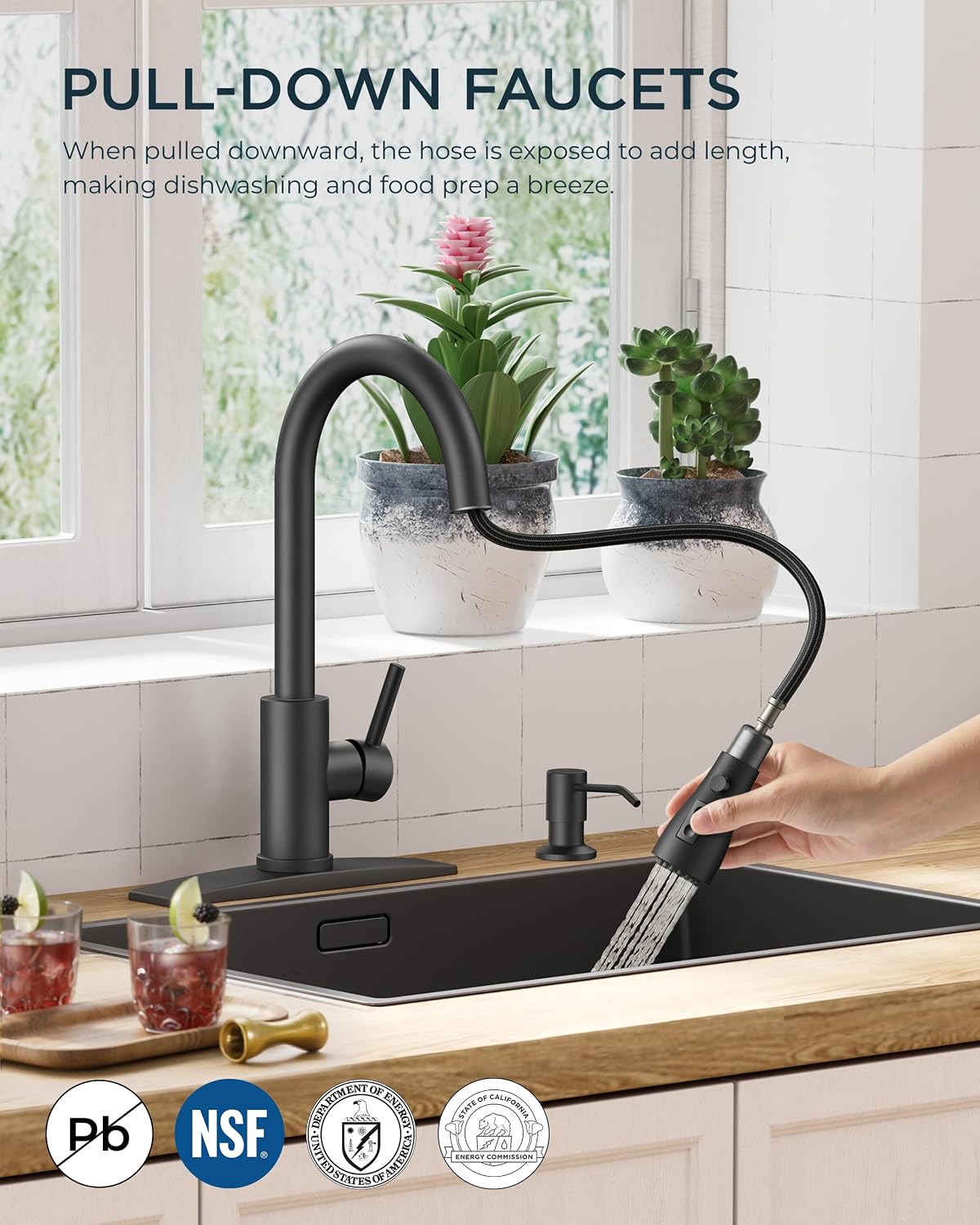 FORIOUS Black Kitchen Faucet, with Soap Dispenser and Pull Down Sprayer