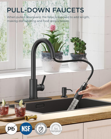 FORIOUS Black Kitchen Faucet, with Soap Dispenser and Pull Down Sprayer