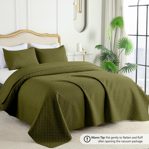 FLYMME Twin Quilt Set,Lightweight Olive Green Bedspreads,Basket Weave Pattern,Ultra Soft Microfiber Bedspread Bed Coverlet 2 Pieces for All-Seasons (1 Quilt,1 Shams)