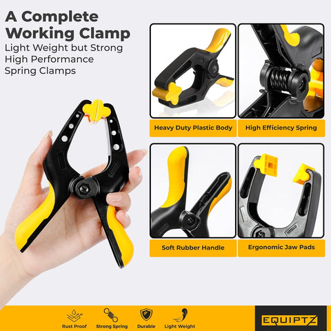 EQUIPTZ 6 inch Spring Clamps Heavy Duty - 4 Pack Large Plastic Clamps for Woodworking, Crafts, Backdrop and Pool Cover with 3 inch Mouth Opening - Rust Free Spring Clips with Non-Detachable Jaw Pads