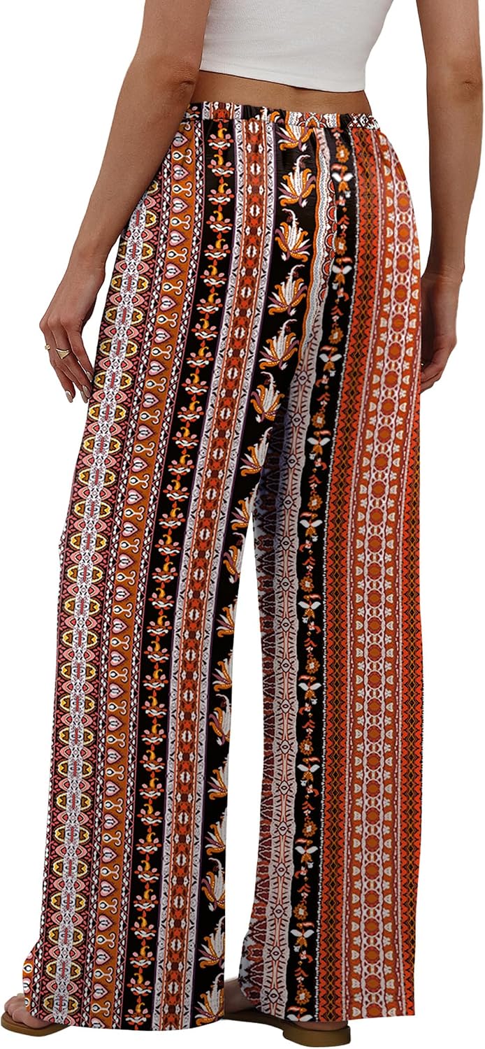 Sampeel Wide Leg Pants for Women Flowy Palazzo Drawstring Elastic Waist Trousers with Pockets Summer Beach Vacation Clothes