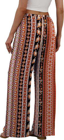 Sampeel Wide Leg Pants for Women Flowy Palazzo Drawstring Elastic Waist Trousers with Pockets Summer Beach Vacation Clothes