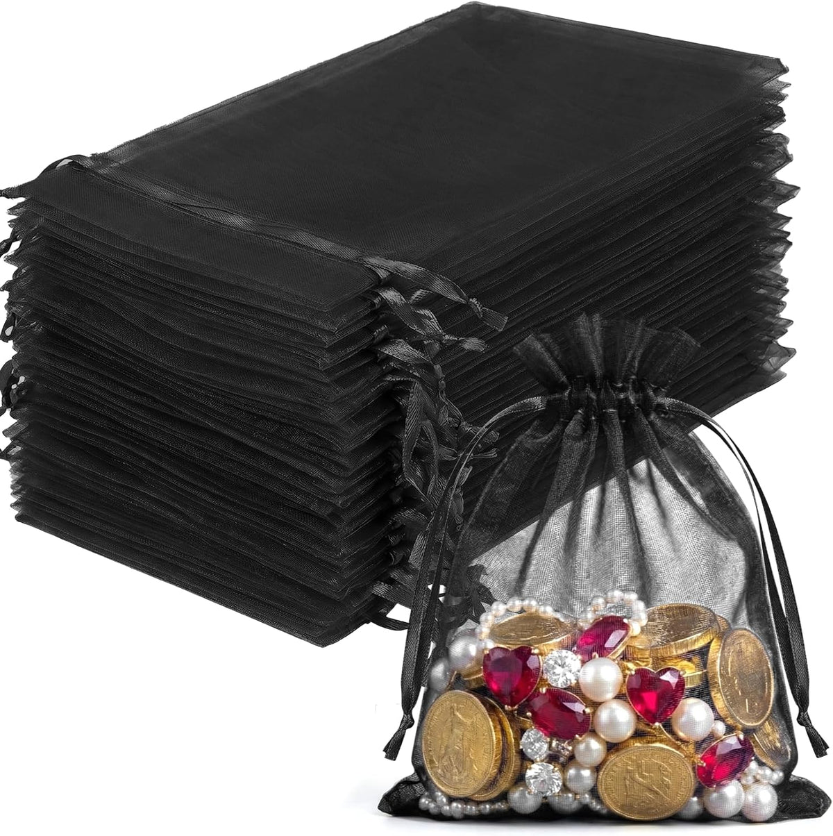 FUNFERY 100Pcs Black Organza Bags 3x4in,Small Mesh Drawstring Gift Bag