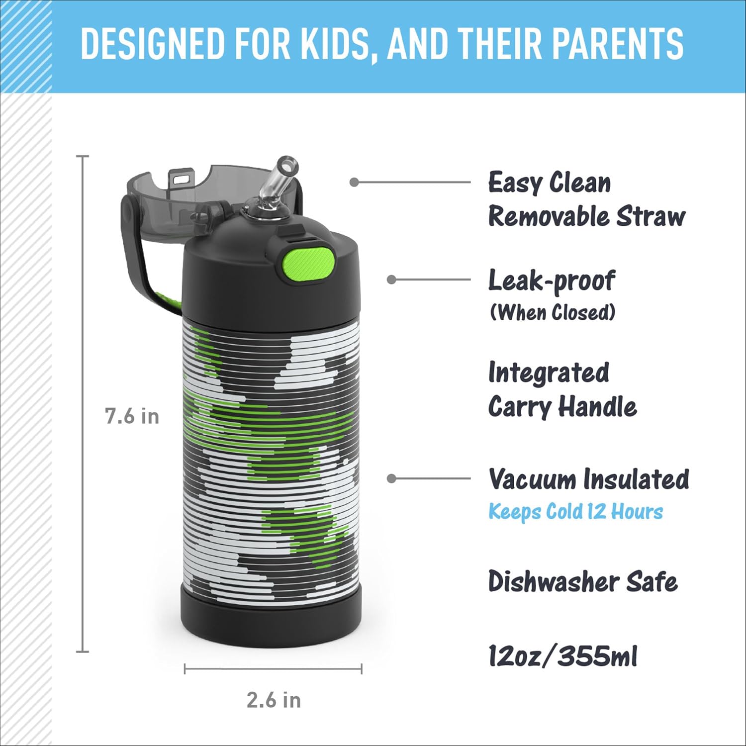 THERMOS FUNTAINER Water Bottle with Straw, 12oz, Inline Camo