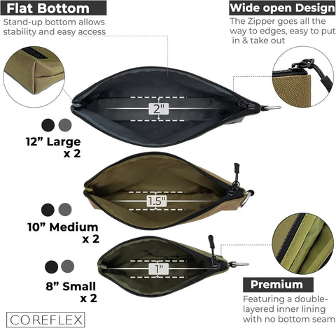 COREFLEX Premium Tool Pouch Zipper Bag, Small Tool Bag, Multipurpose Storage pouch, Heavy duty Flat Bottom Tool bag with YKK Zipper (6 pack Combo mixed size Black &Grey)