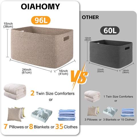 OIAHOMY 96L XXXLarge Blanket Basket Woven Cotton Rope Storage Basket Brown