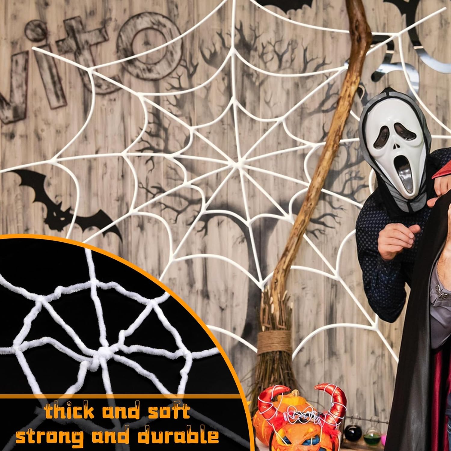 YUNAI Spider Webs Halloween Decorations Outdoor, 10.5ft 7 Coils White Fake Spider Web, Scary Haunted House Outdoor Wall Decor for Halloween Party Hanging Decorations