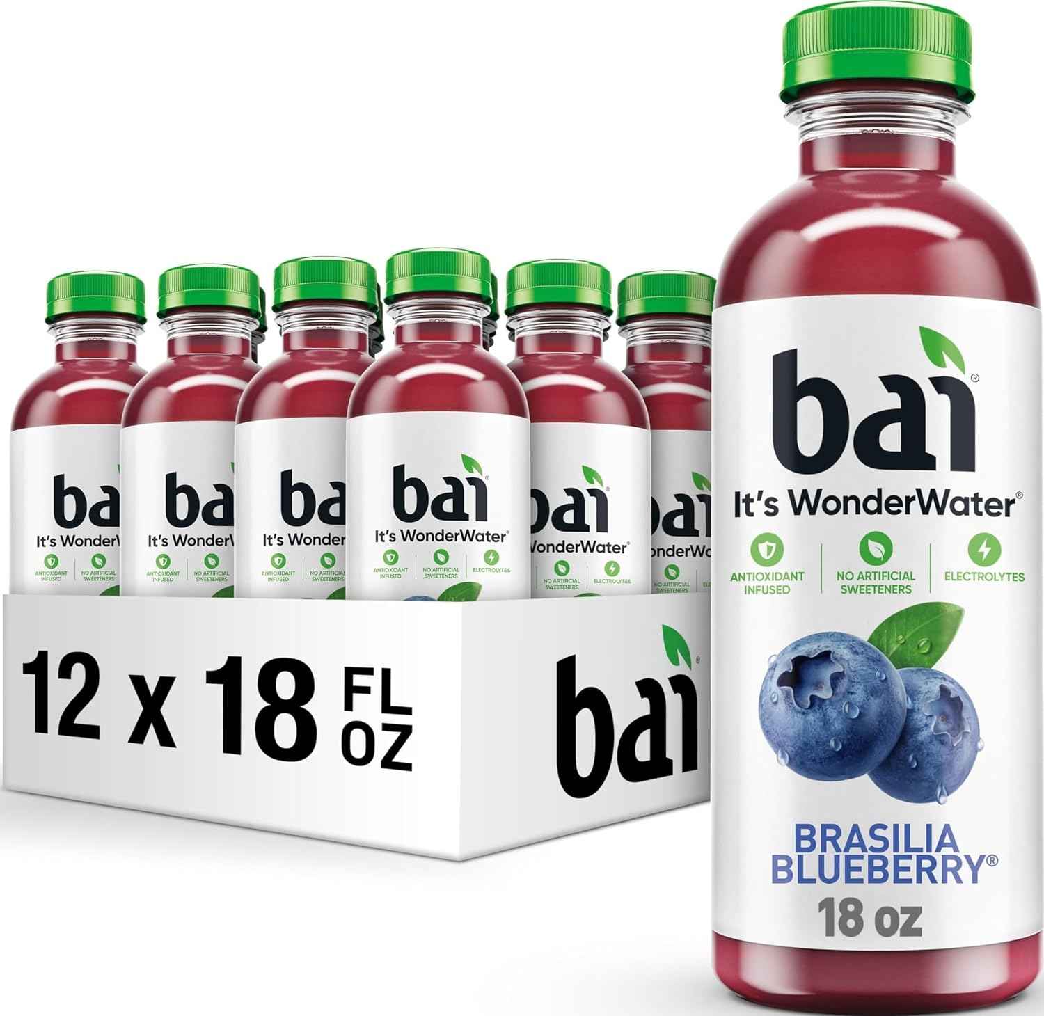 Bai Antioxidant Infused Water Beverage, Brasilia Blueberry, with Vitamin C and No Artificial Sweeteners, 18 Fluid Ounce Bottle, 12 Pack