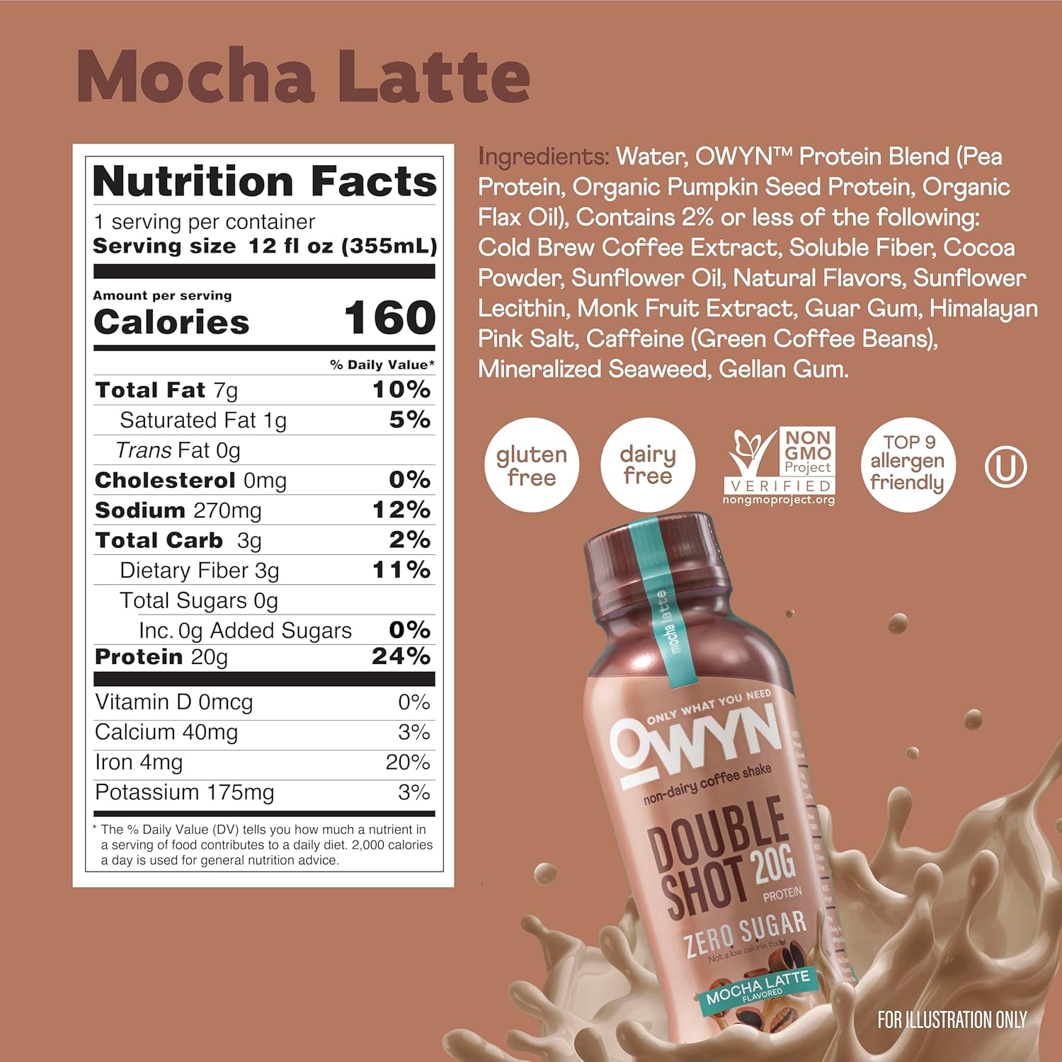 OWYN Only What You Need Mocha Latte Flavored 20g Protein Shake, 12 Ct | 20g Protein, Zero Sugar, 180mg Caffeine, Dairy Free, Plant Protein, Gluten Free, Individual 12fl oz Bottles