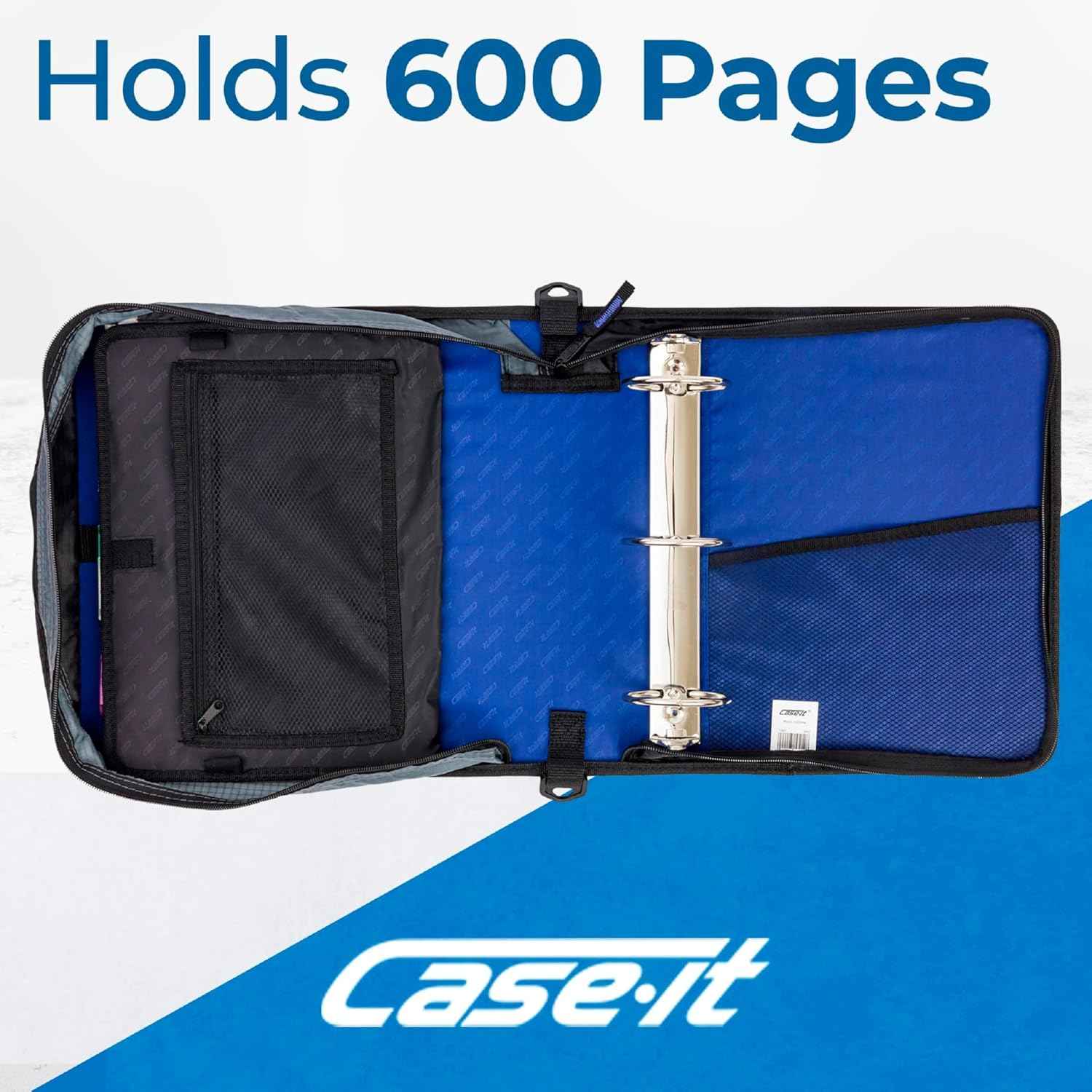 Case-it Mighty Zip Tab School Zipper Binder | 3-Inch O-Rings, 600-Sheet Capacity, 5-Subject Expanding File Folder, Multiple Pockets & Storage Organizer, Shoulder Strap | D-146 Blue