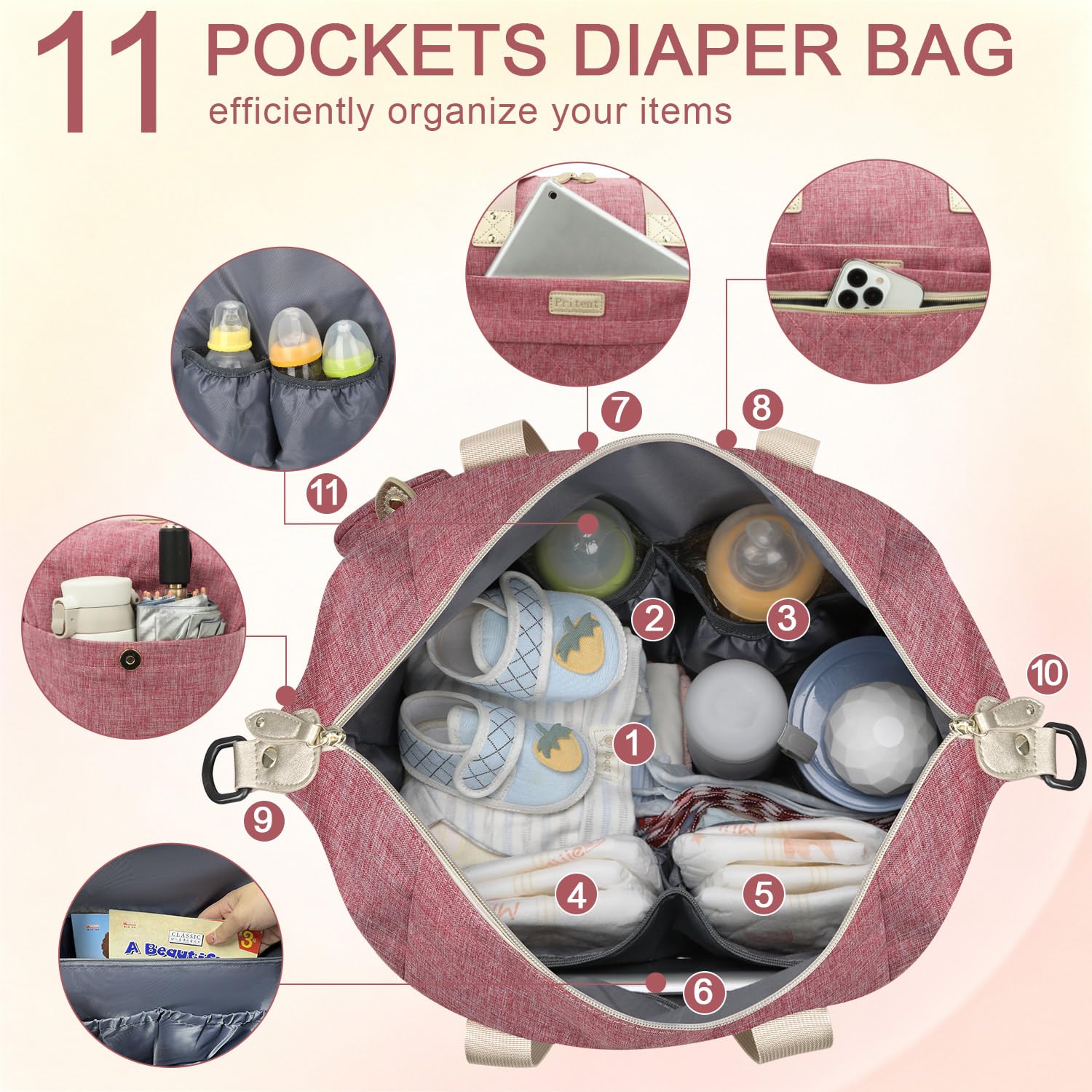 Pritent Diaper Bag Tote Waterproof Maternity Baby Bags with Pacifier Case