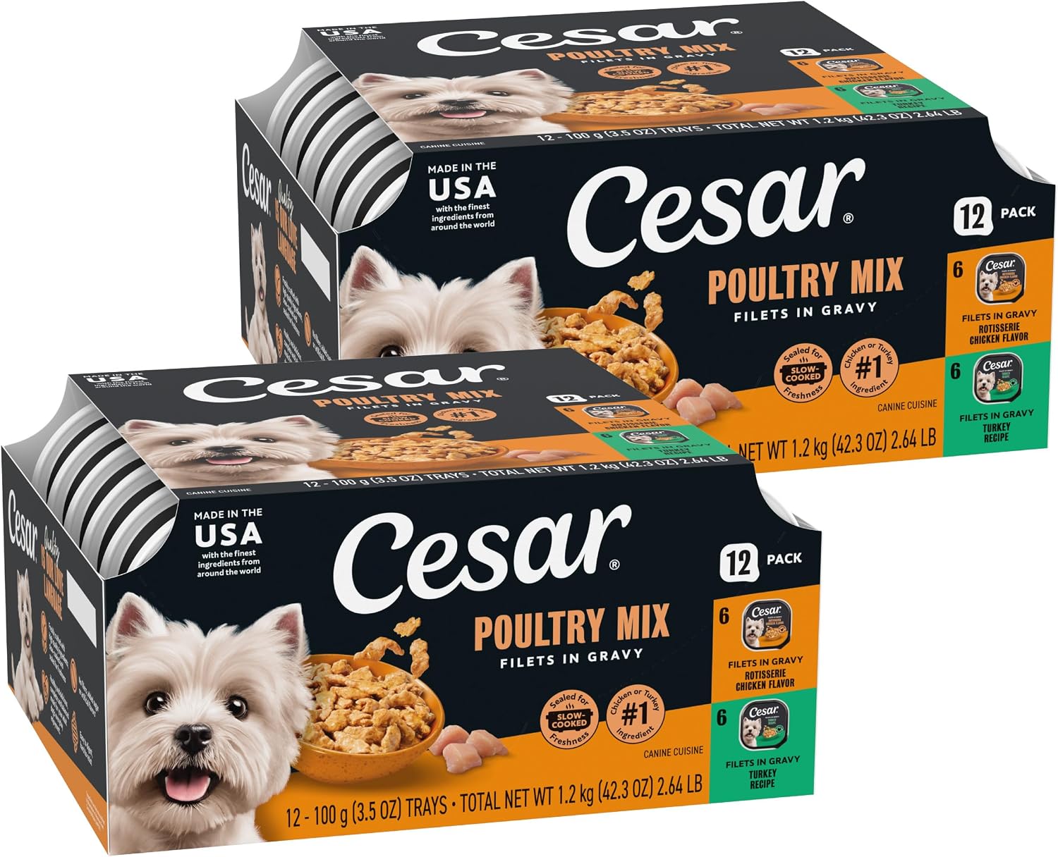 Cesar Filets in Gravy Wet Dog Food, Poultry Mix, 3.5 oz, 12 Count, 2-Pack