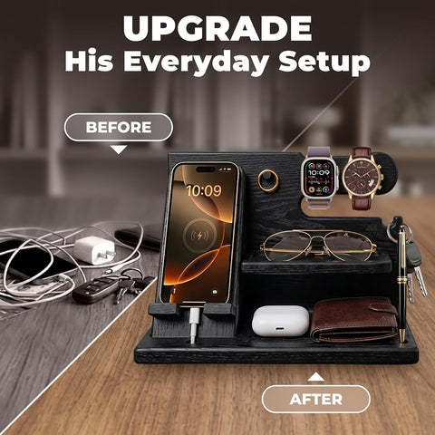 TESLYAR Wood Phone Docking Station for Men - Desk or Nightstand Organizer - Birthday Gifts for Husband, Dad - Anniversary Idea from Wife - Key Holder, Stand Wallet, Watch & Essentials (Granite Black)