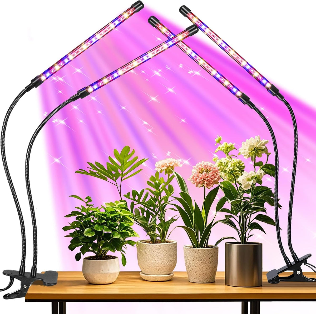 2 Head 2 Pack LED Plant Grow Light with Flexible Gooseneck, Suitable for Indoor Plants, Full Spectrum Clip on Plant Growing Light with Red, Blue, Yellow Beads, 10 Brightness Levels, 3/9/12H Auto Timer