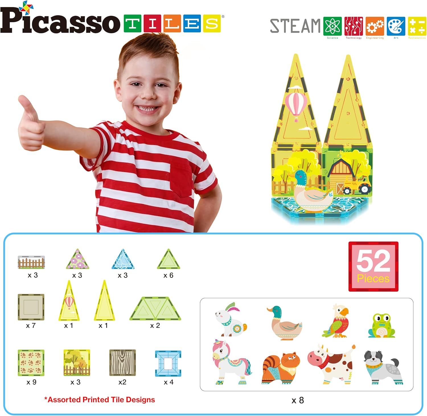 PicassoTiles Magnetic Tile Farm Animal Building Playset with 8 Character Figures STEM Construction Toy for Kids Age 3 Plus Educational Pretend Play Learning Blocks Farmyard Creative Activity Kit PTQ17